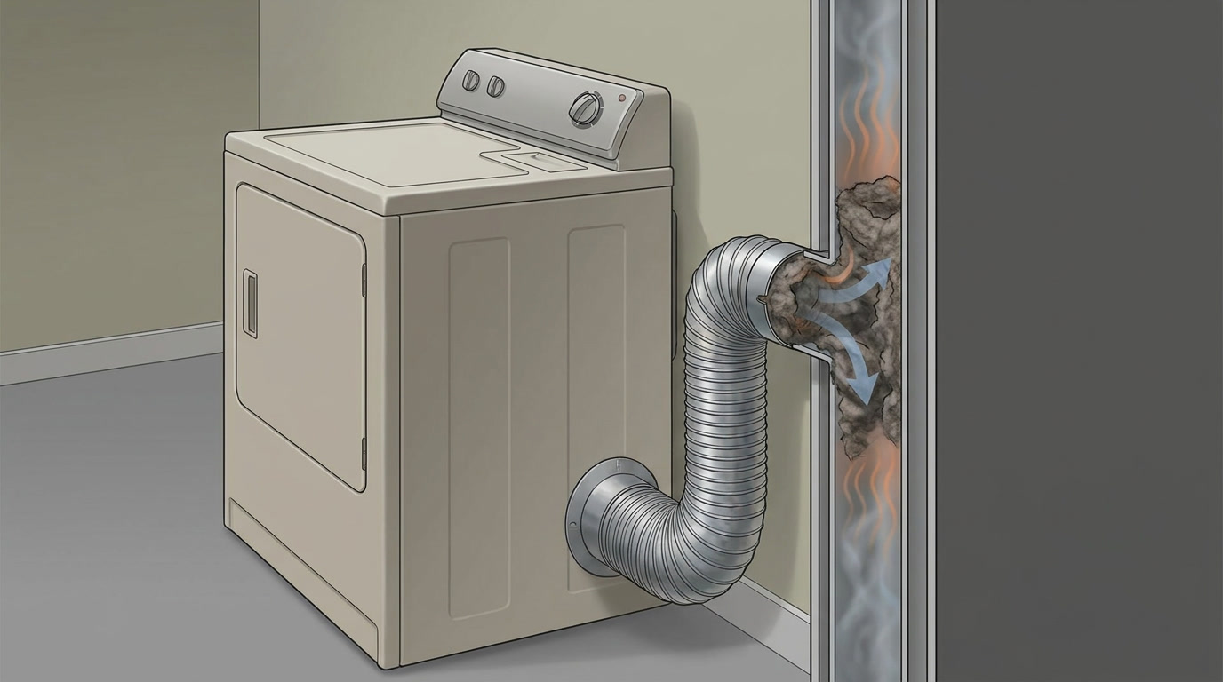 dryer vent with lint buildup restricting airflow