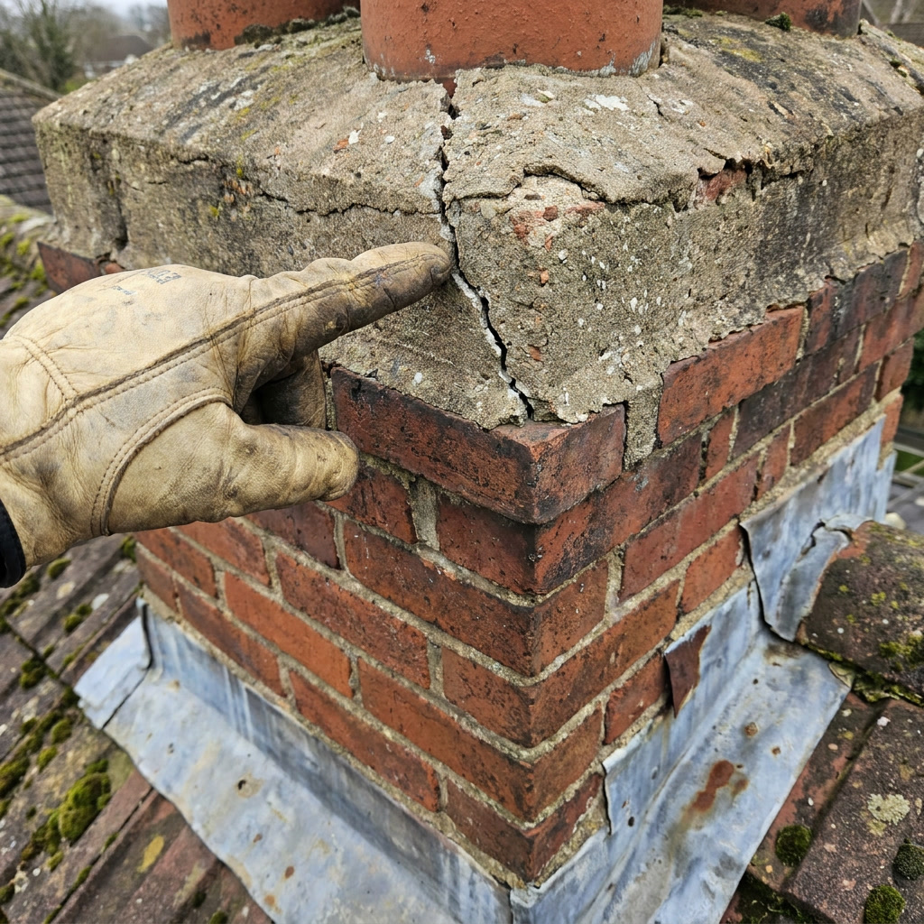 cracked clay flue tile showing a gap between liner sections