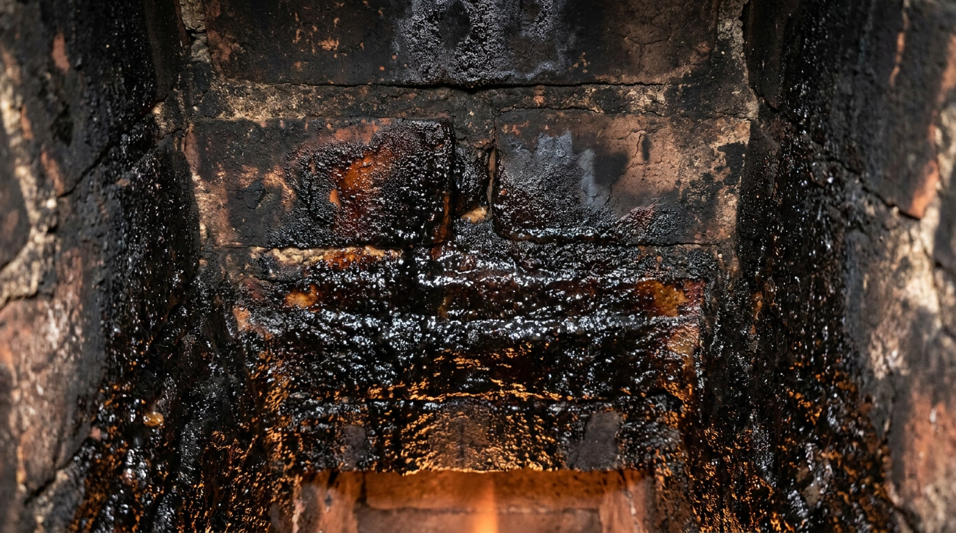 heavy creosote buildup inside a chimney flue that can lead to a chimney fire