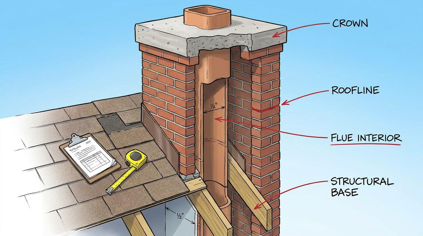 chimney assessment points marked at crown, roofline, flue interior and structural base