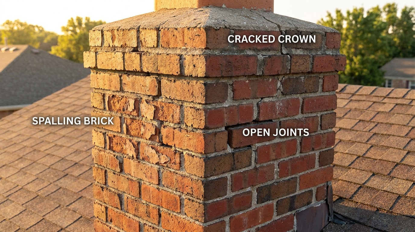 aging masonry chimney with spalling brick, open mortar joints and a cracked crown