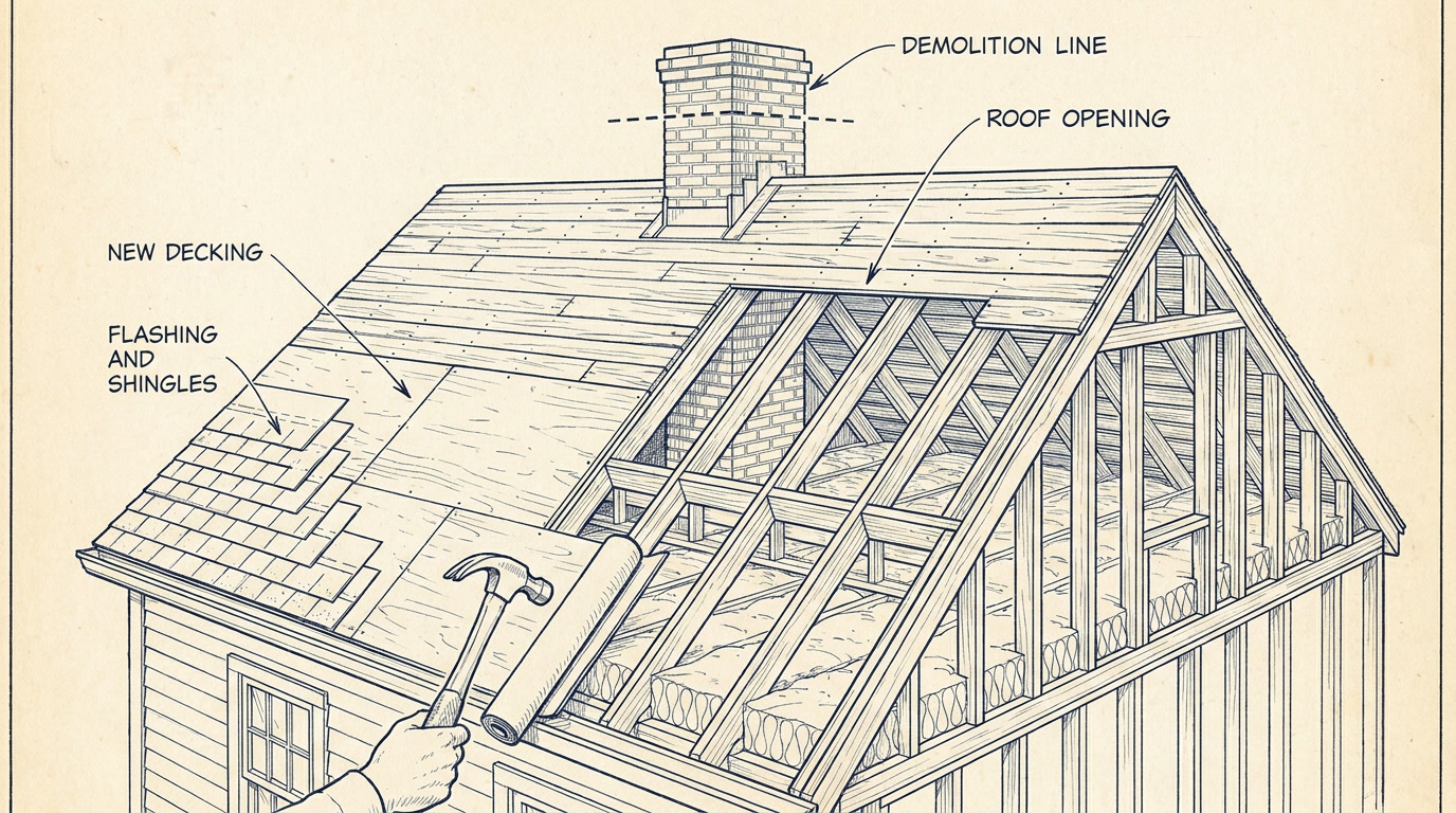 cutaway showing a chimney removed at the roofline and the roof opening closed with new decking and shingles