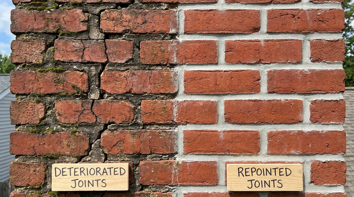 masonry wall showing deteriorated mortar joints beside the same joints freshly repointed