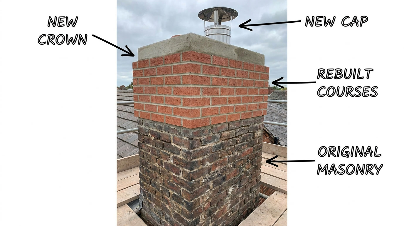 chimney mid-rebuild with new crown, new cap and rebuilt courses above original masonry