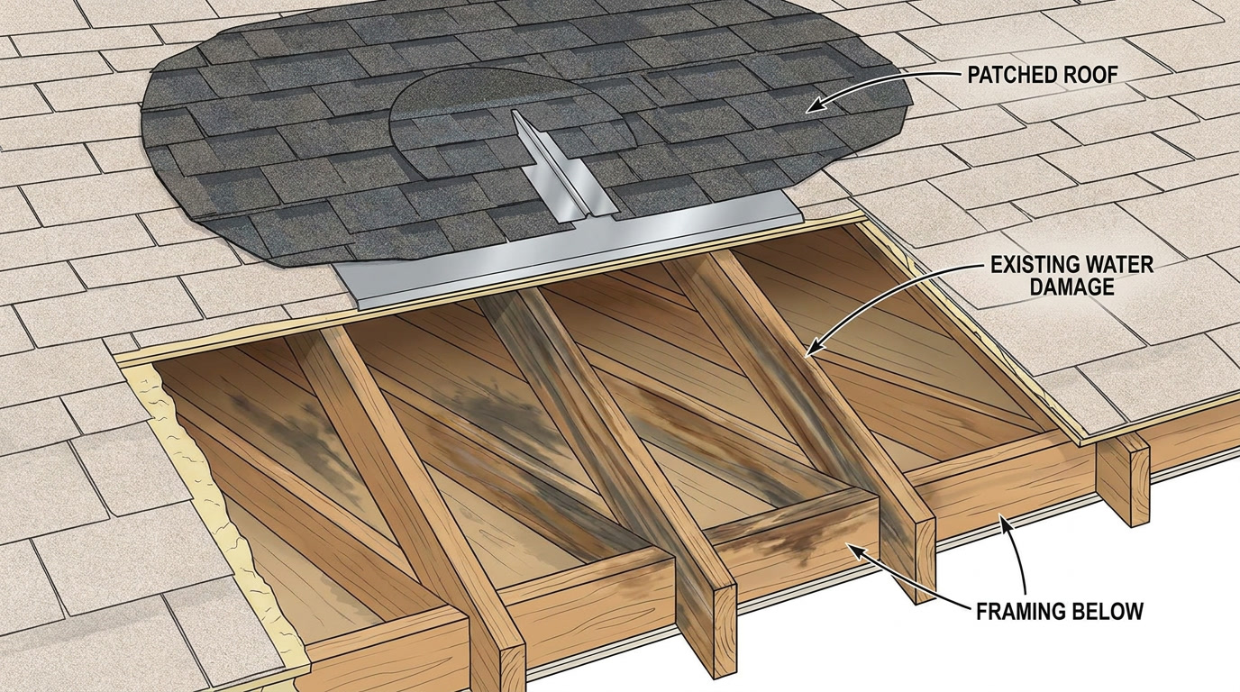 patched roof where a chimney was removed with existing water damage visible in the framing below