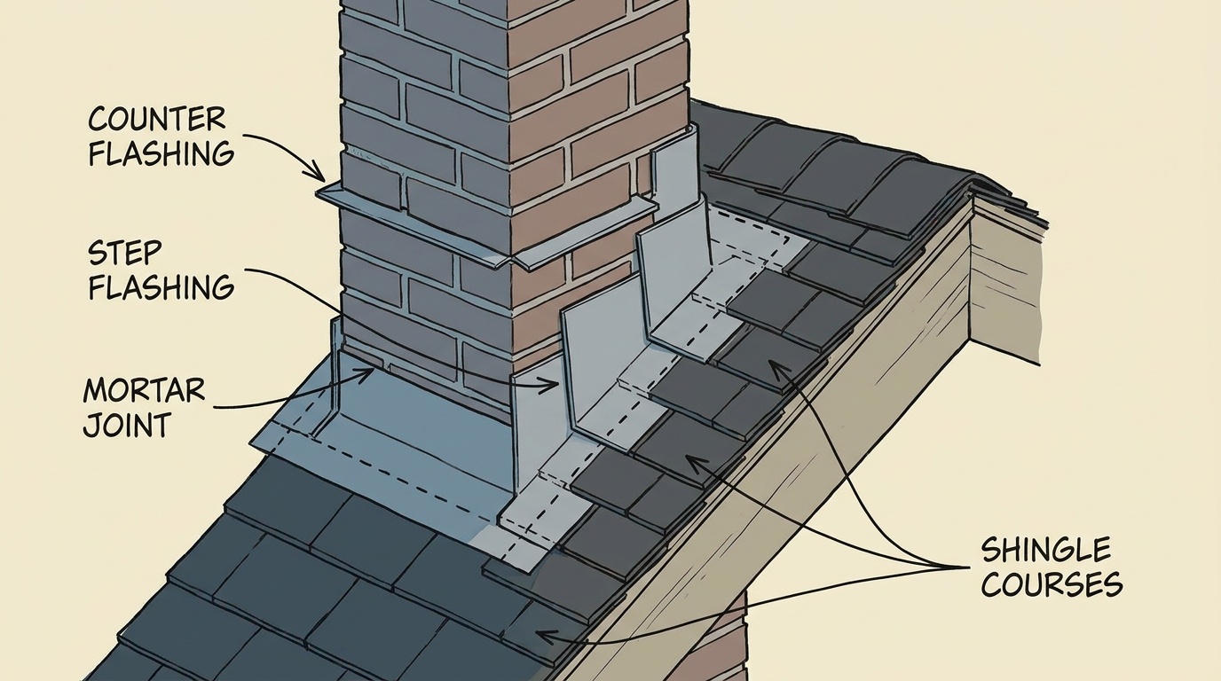 cutaway showing step flashing woven into shingle courses with counter flashing set into the mortar joint