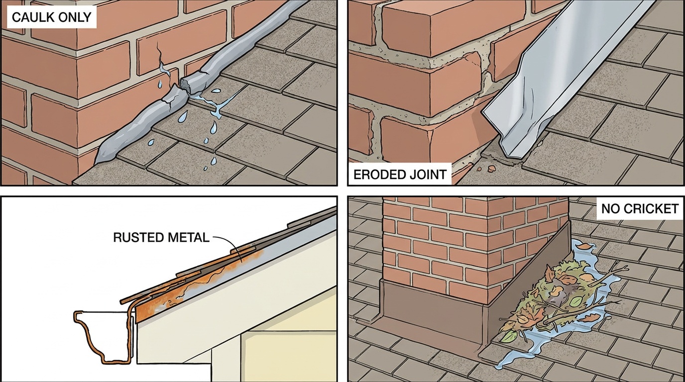 four chimney flashing failure modes: caulk only, eroded mortar joint, rusted metal, and no cricket