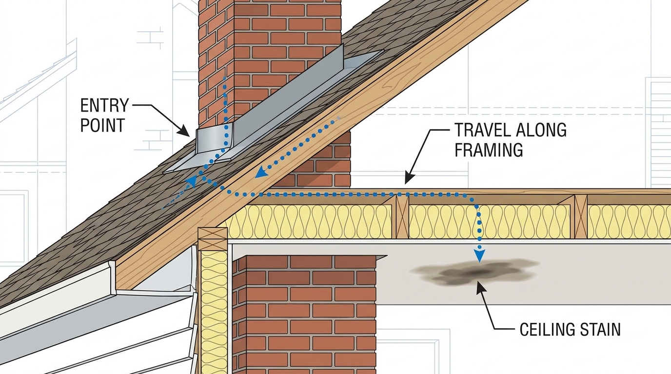 water entering at the flashing, travelling along framing, and staining the ceiling away from the chimney