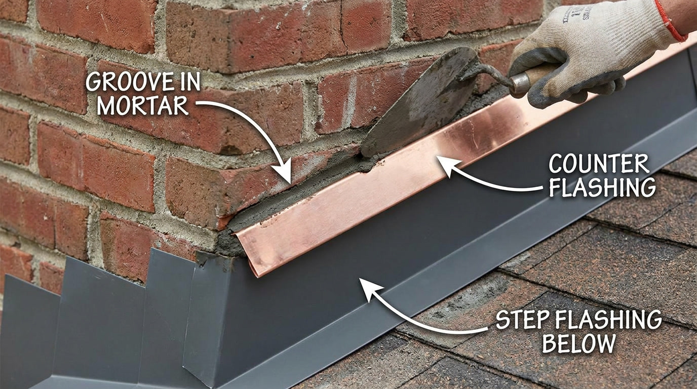 new counter flashing set into a groove cut in a chimney mortar joint above step flashing