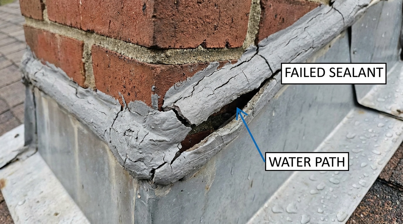 cracked roofing sealant on a chimney joint with a gap beneath letting water track in