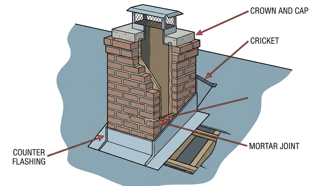 chimney assessment points marked at counter flashing, mortar joint, cricket, crown and cap