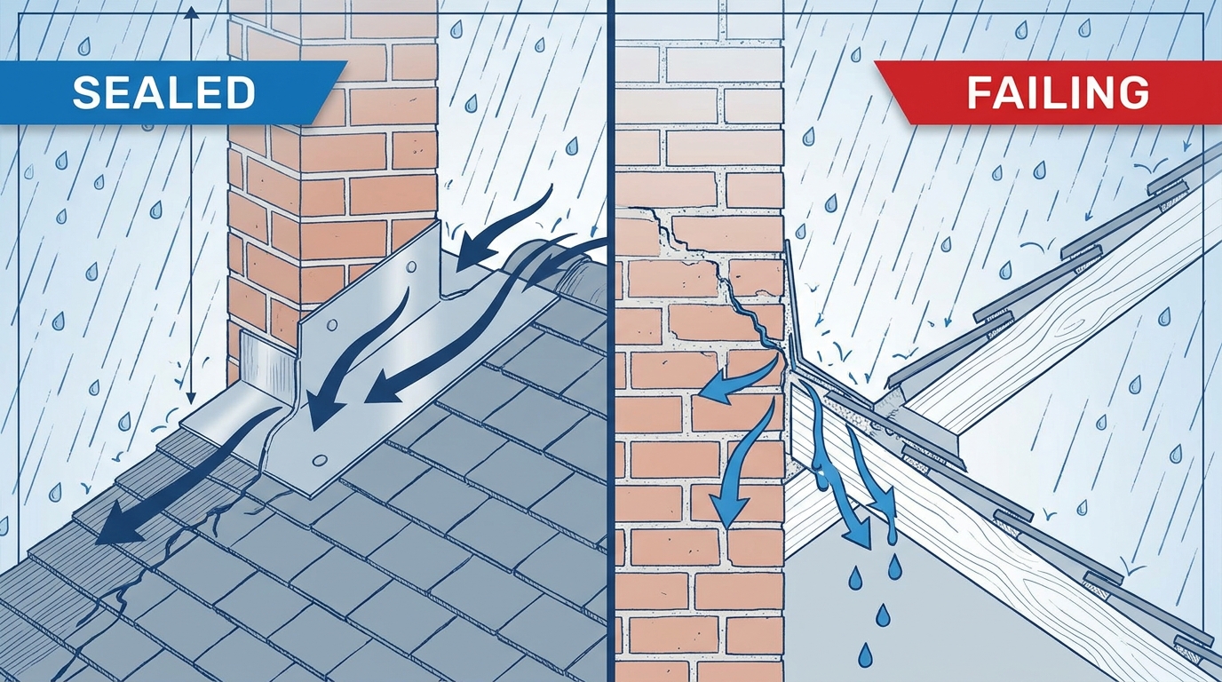chimney roof junction shown sealed on one side and failing on the other during heavy rain