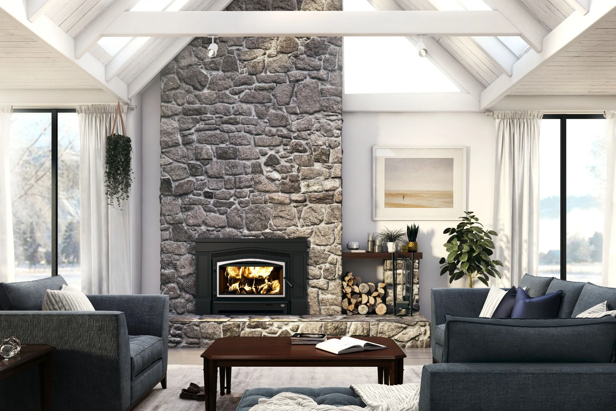 Wood-burning insert with brushed nickel door overlay fitted into a masonry fireplace