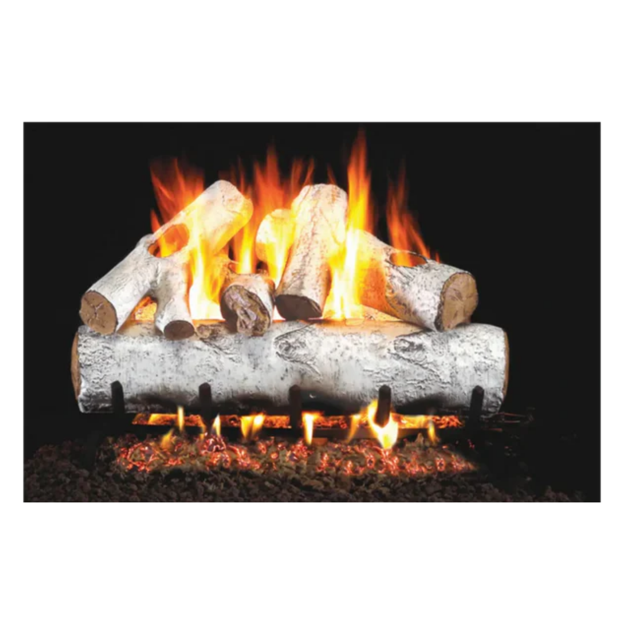 White birch ceramic gas log set on a burner and grate