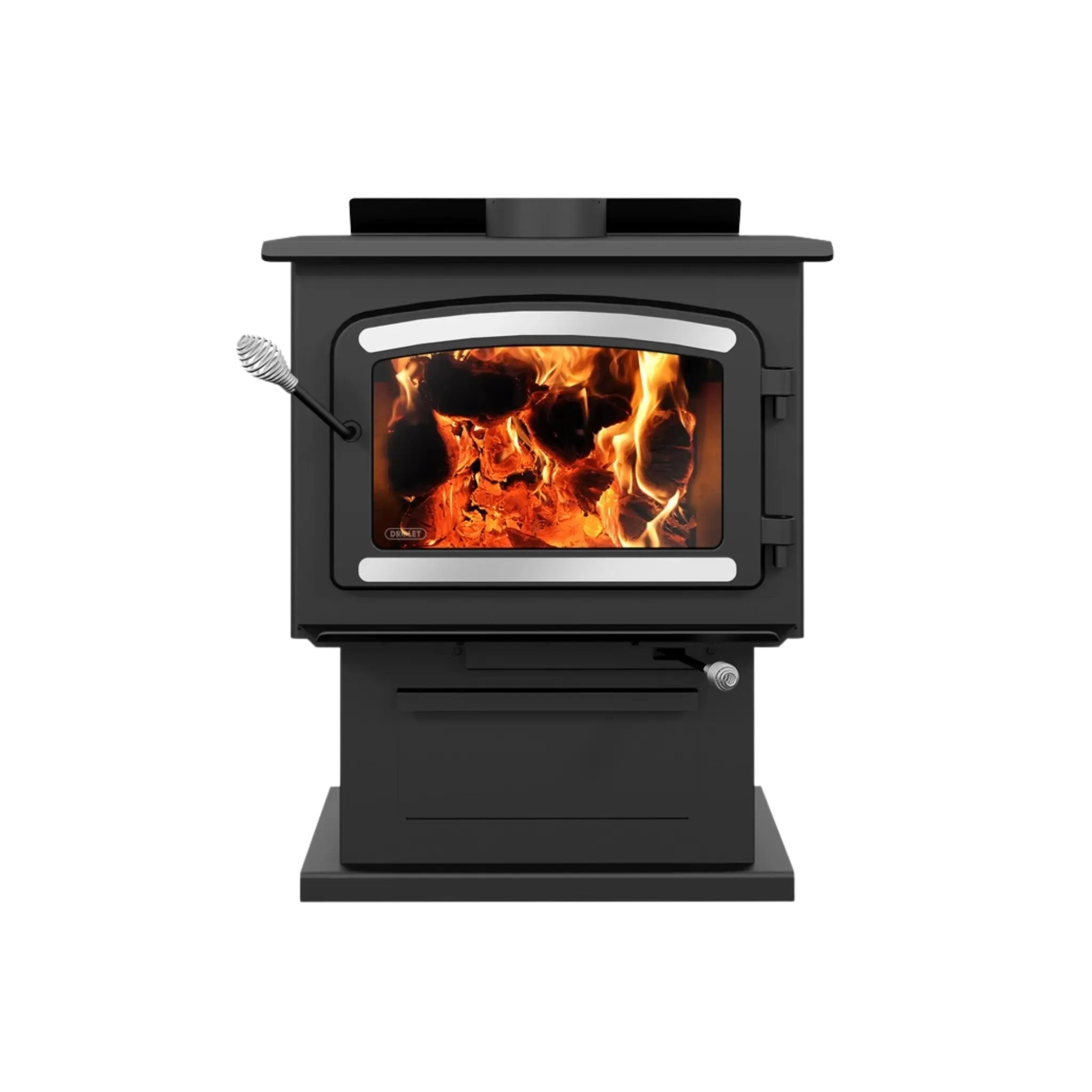 Drolet Heritage wood stove with cast iron framed door, front view