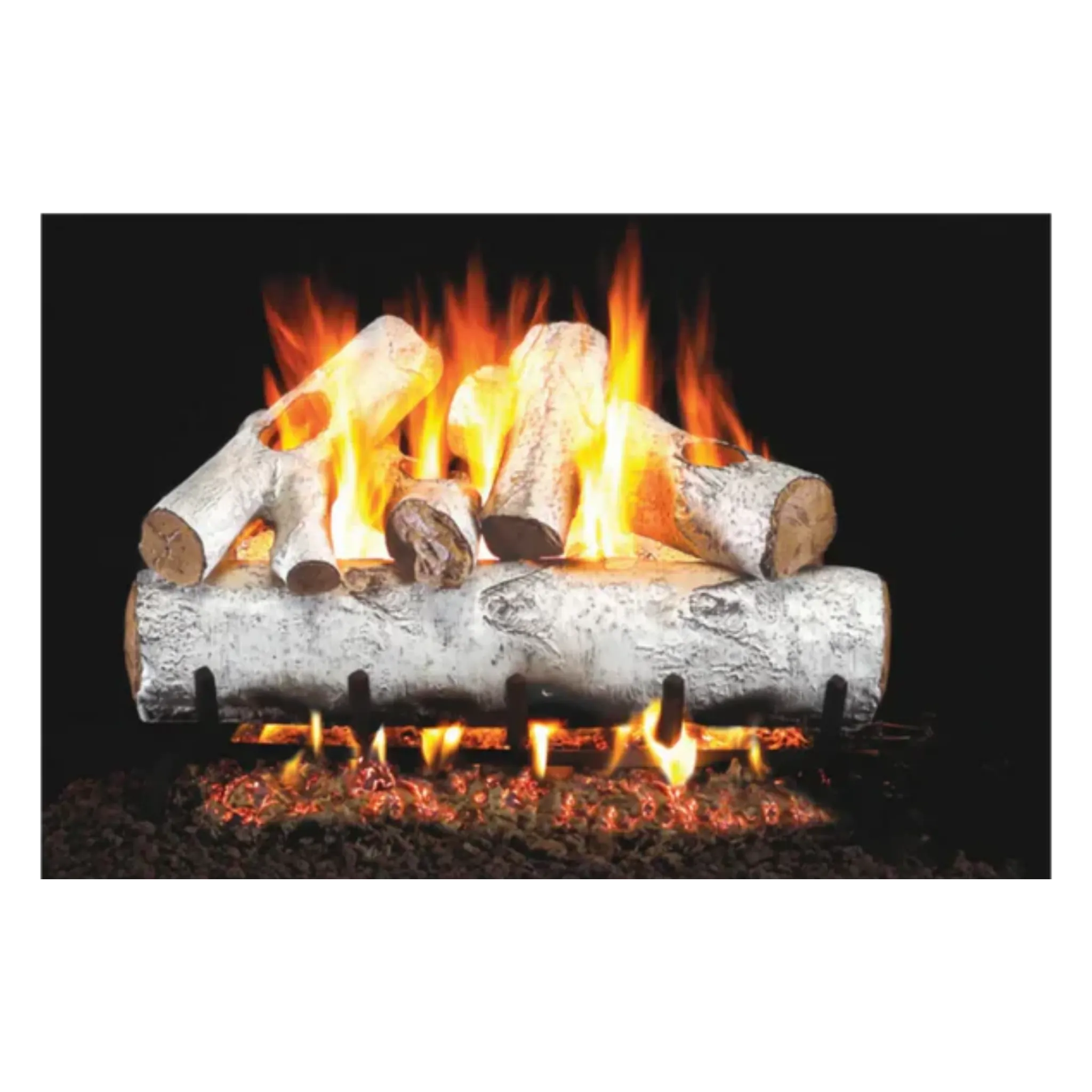 White birch ceramic gas log set on a burner and grate