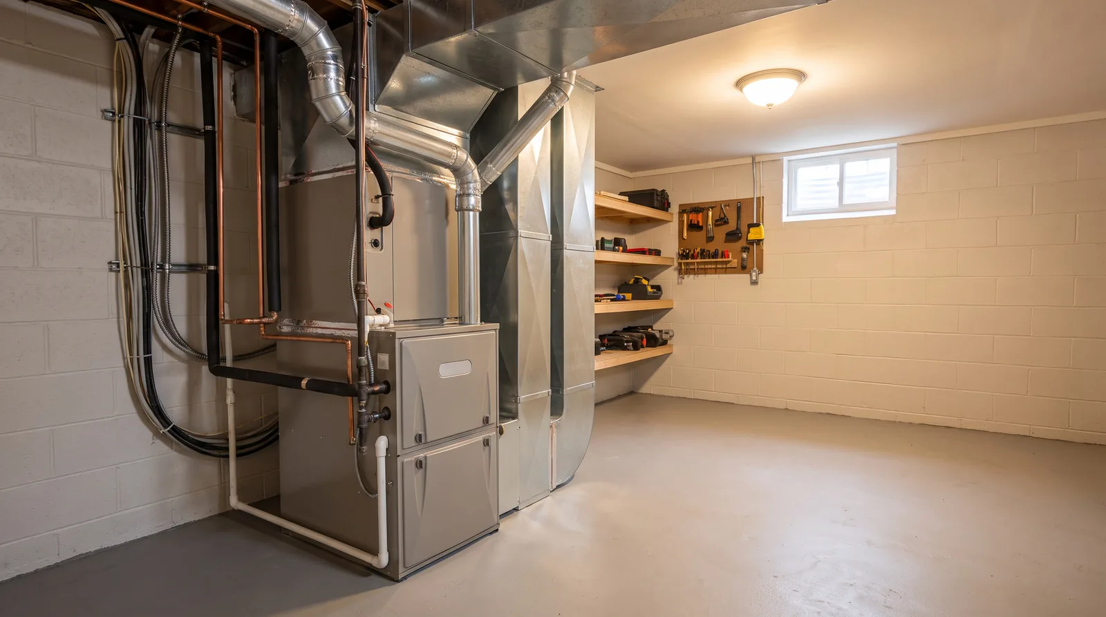 Complete residential heating system with furnace and supply ductwork