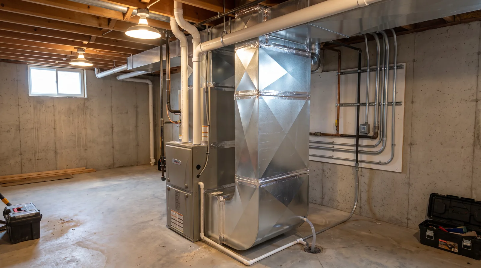 Furnace and ductwork in a Michigan basement