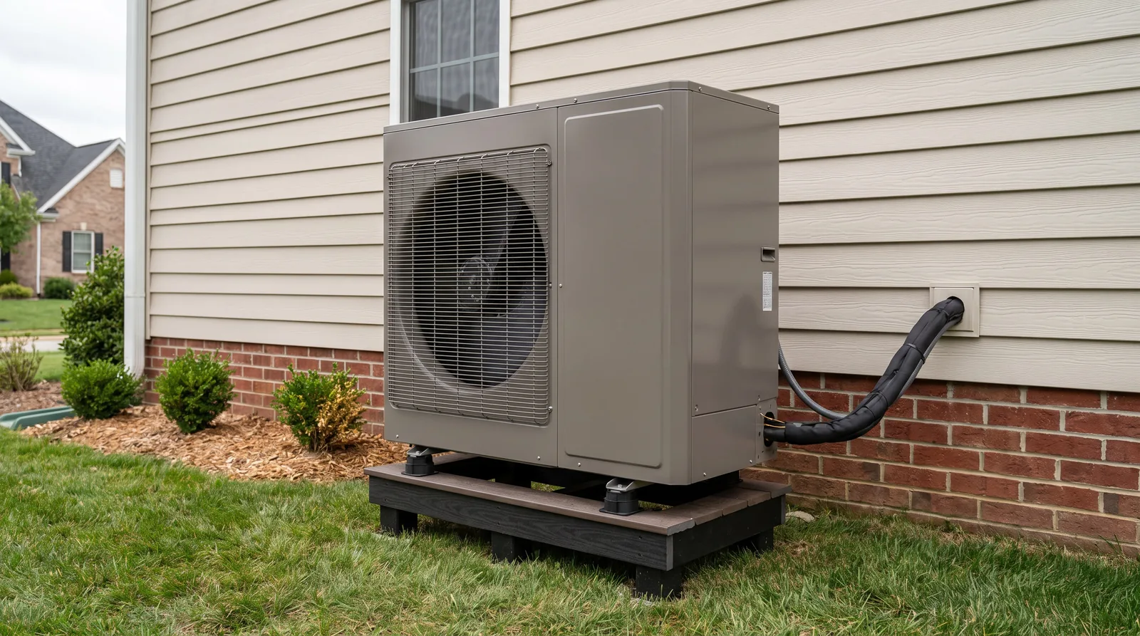 Outdoor heat pump unit installed beside a Troy home