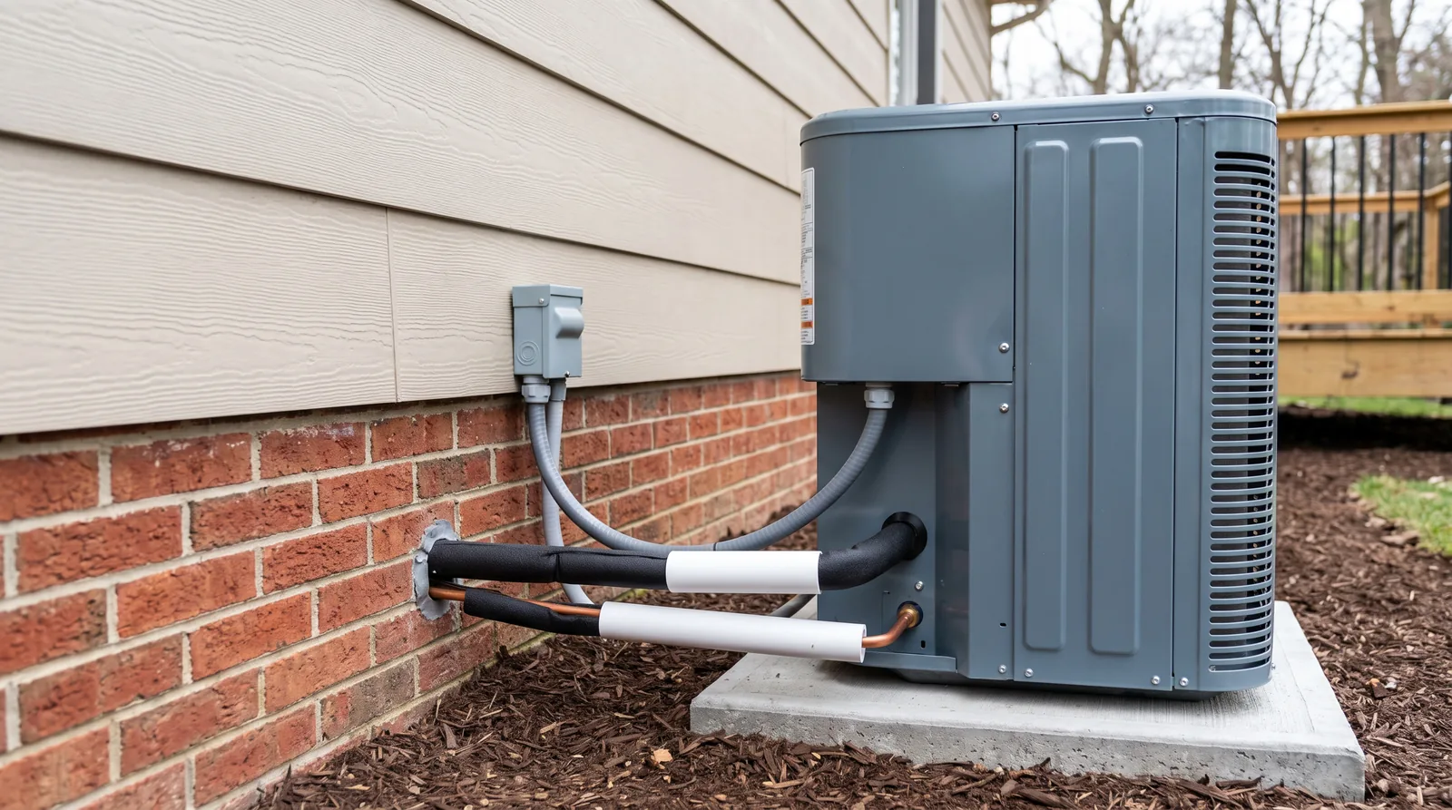 Refrigerant line set and electrical disconnect at an outdoor heat pump