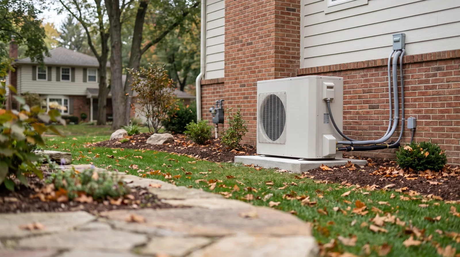 Heat pump condenser installed on a side-yard pad in Troy, MI