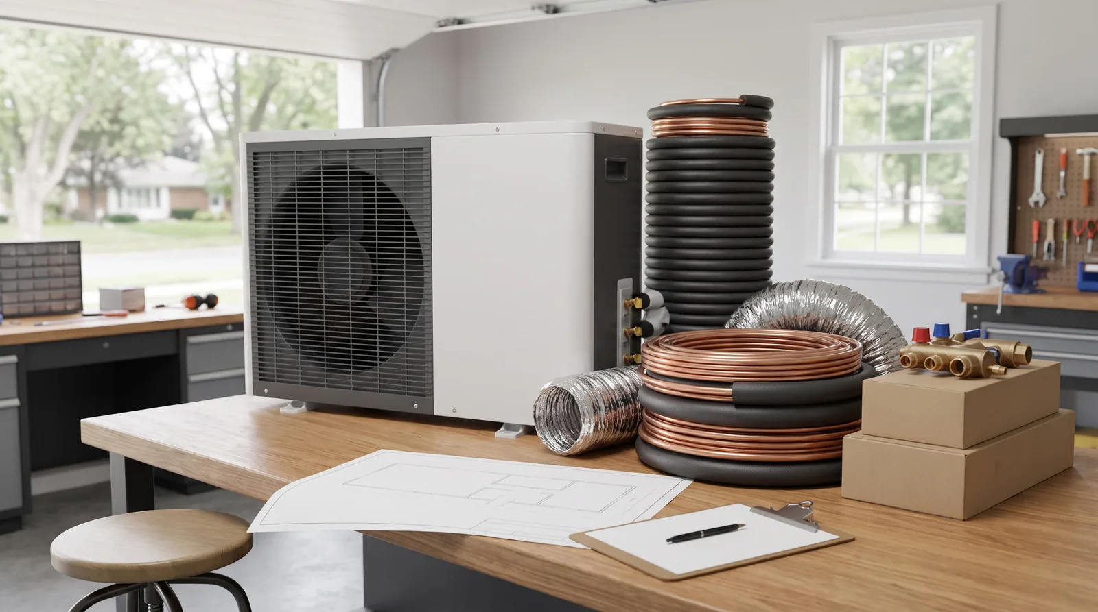 Heat pump, line sets and copper laid out for equipment selection and quoting