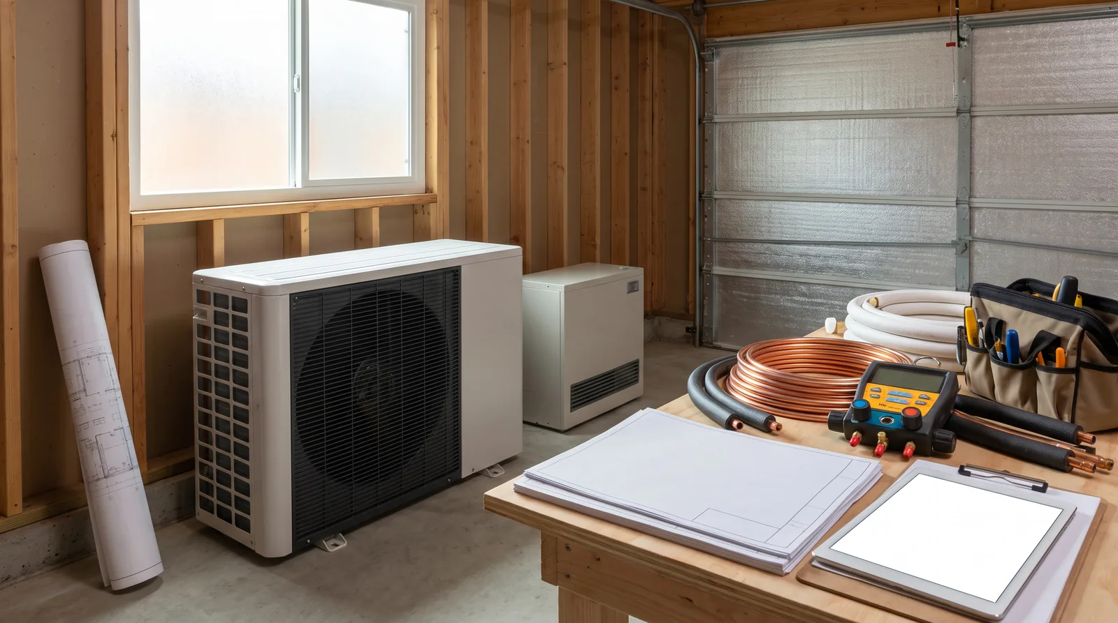 Heat pump equipment and system plans laid out during a home assessment