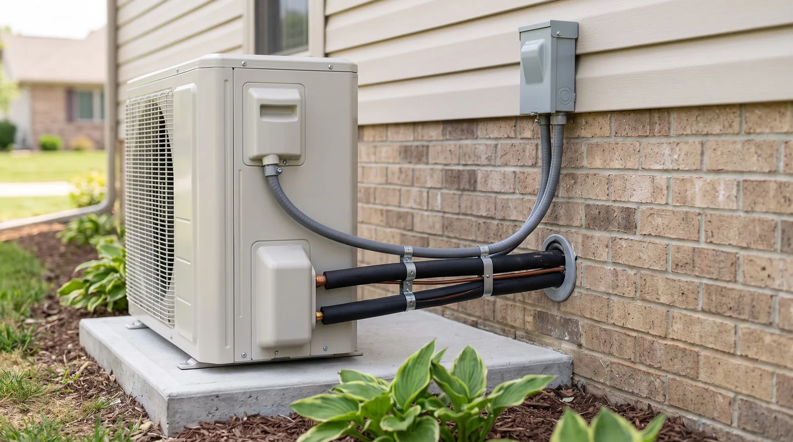 Heat pump connected to refrigerant lines and an electrical disconnect