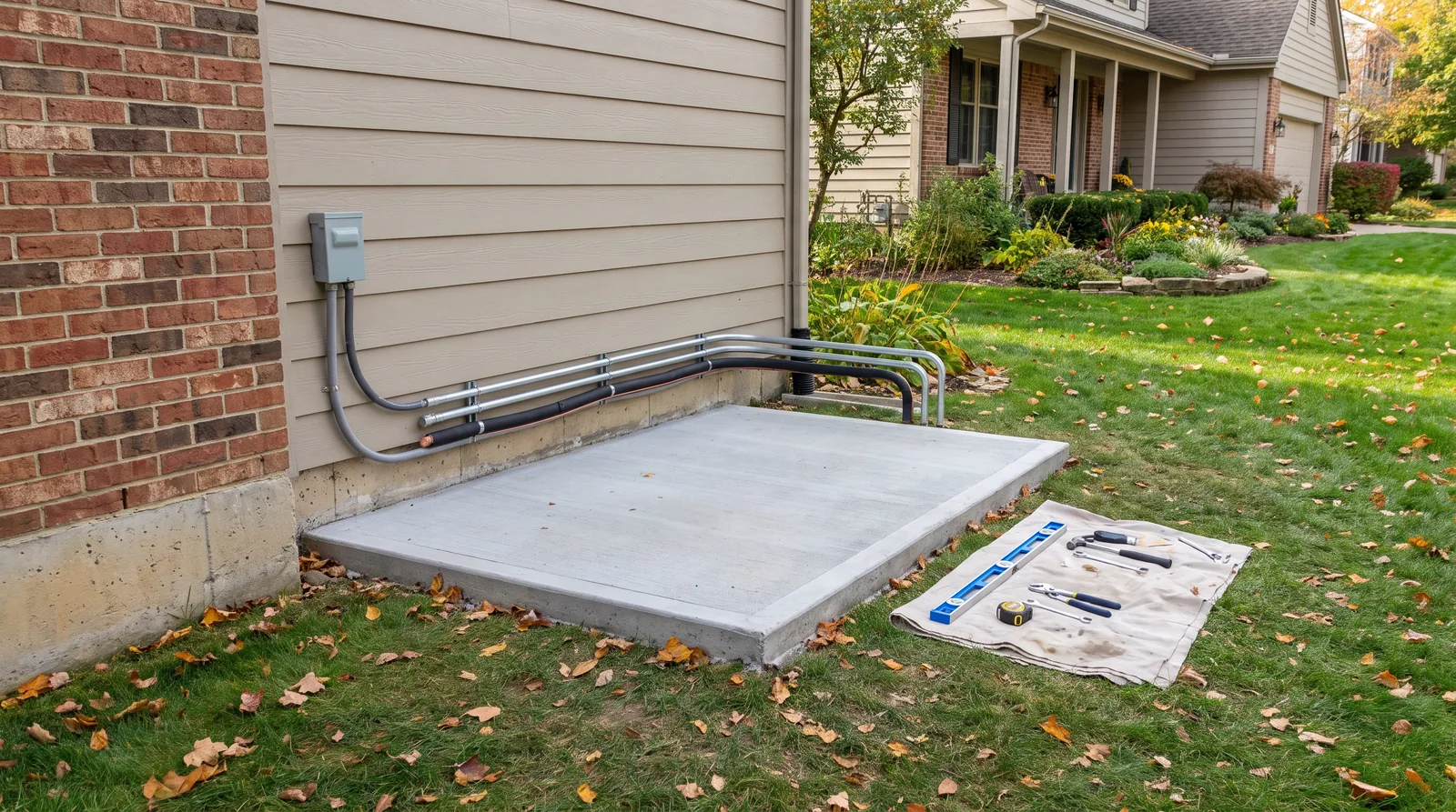 Prepared concrete pad and electrical disconnect ready for a heat pump