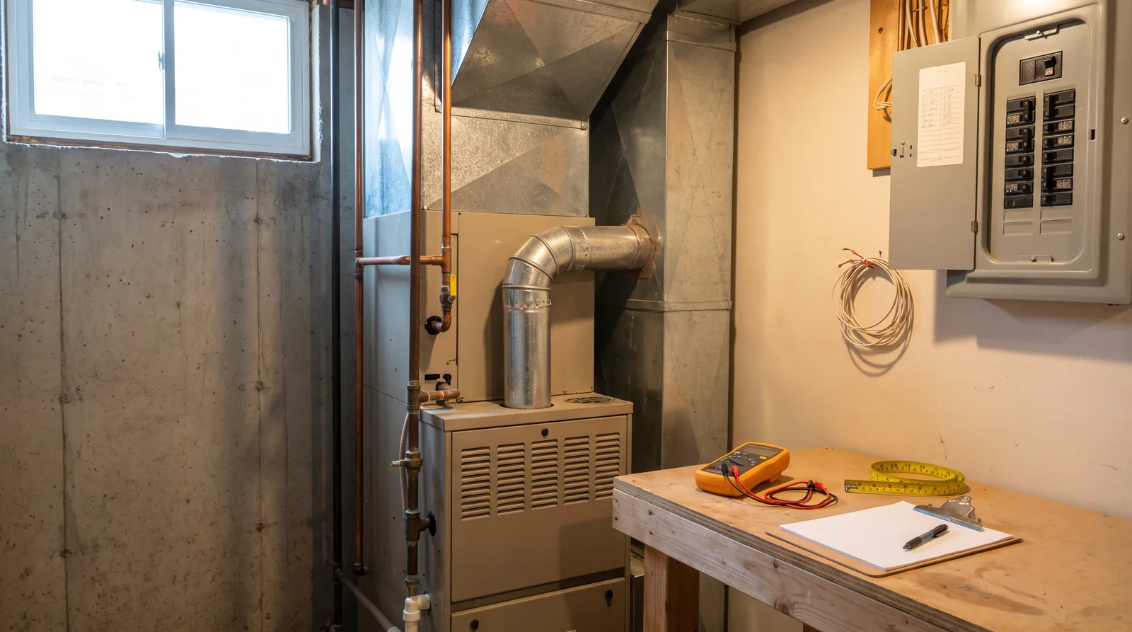 Work area prepared beside an existing furnace before removal
