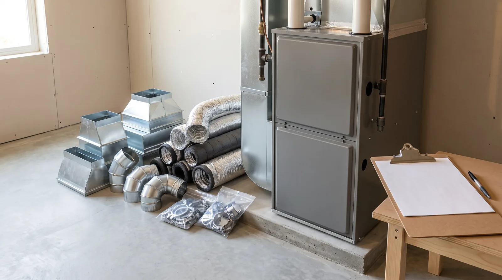 New furnace and duct components staged for the written installation quote