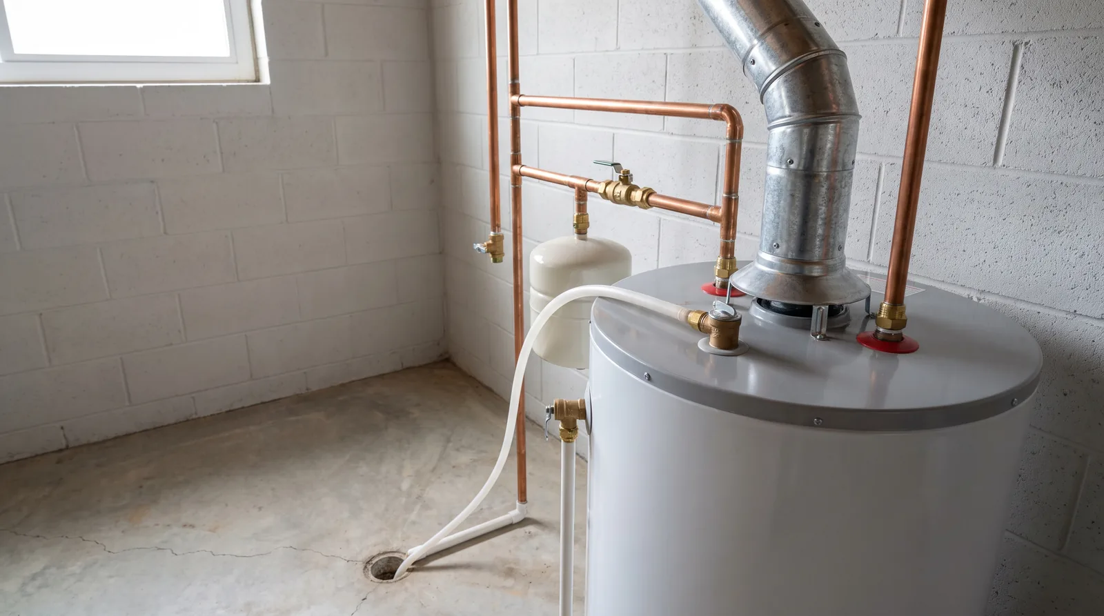 Newly installed water heater with water and venting connections