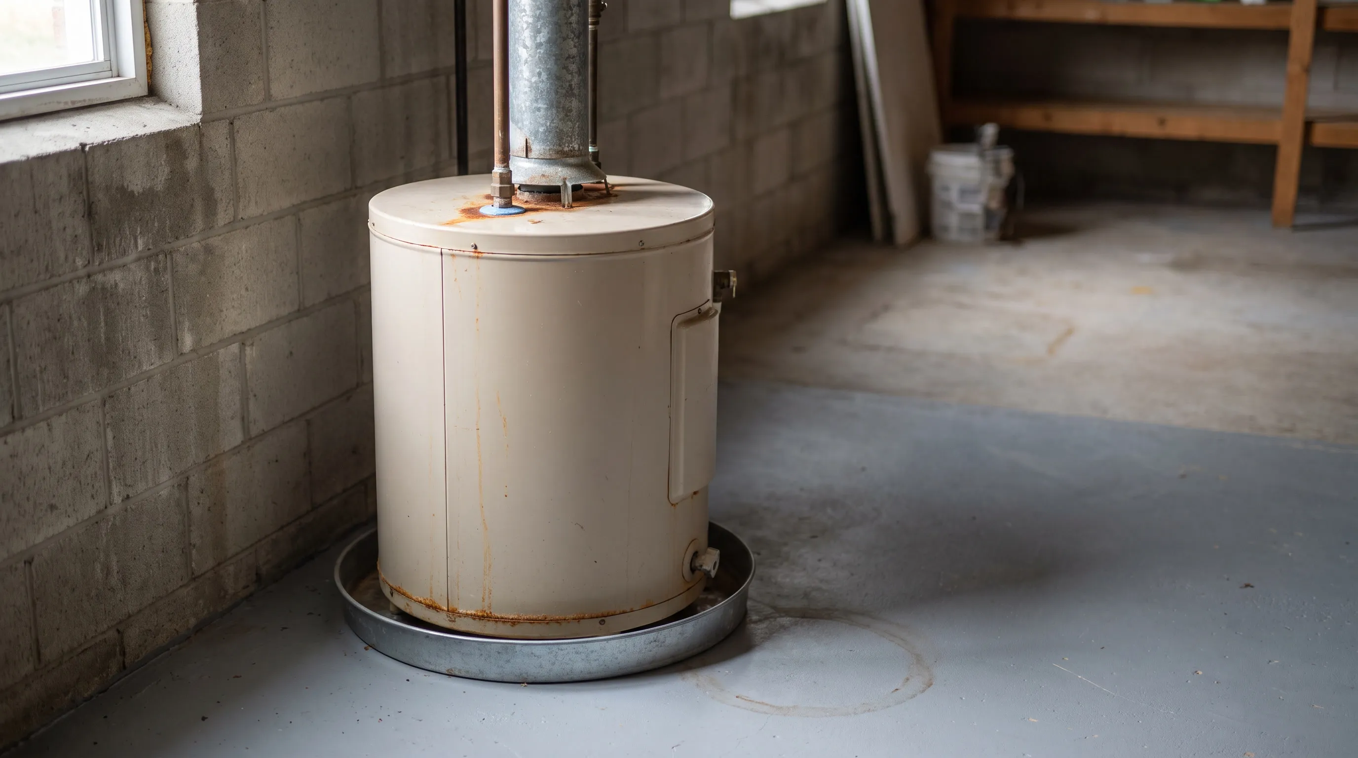 Ageing storage water heater with rust staining and a drip pan in a basement