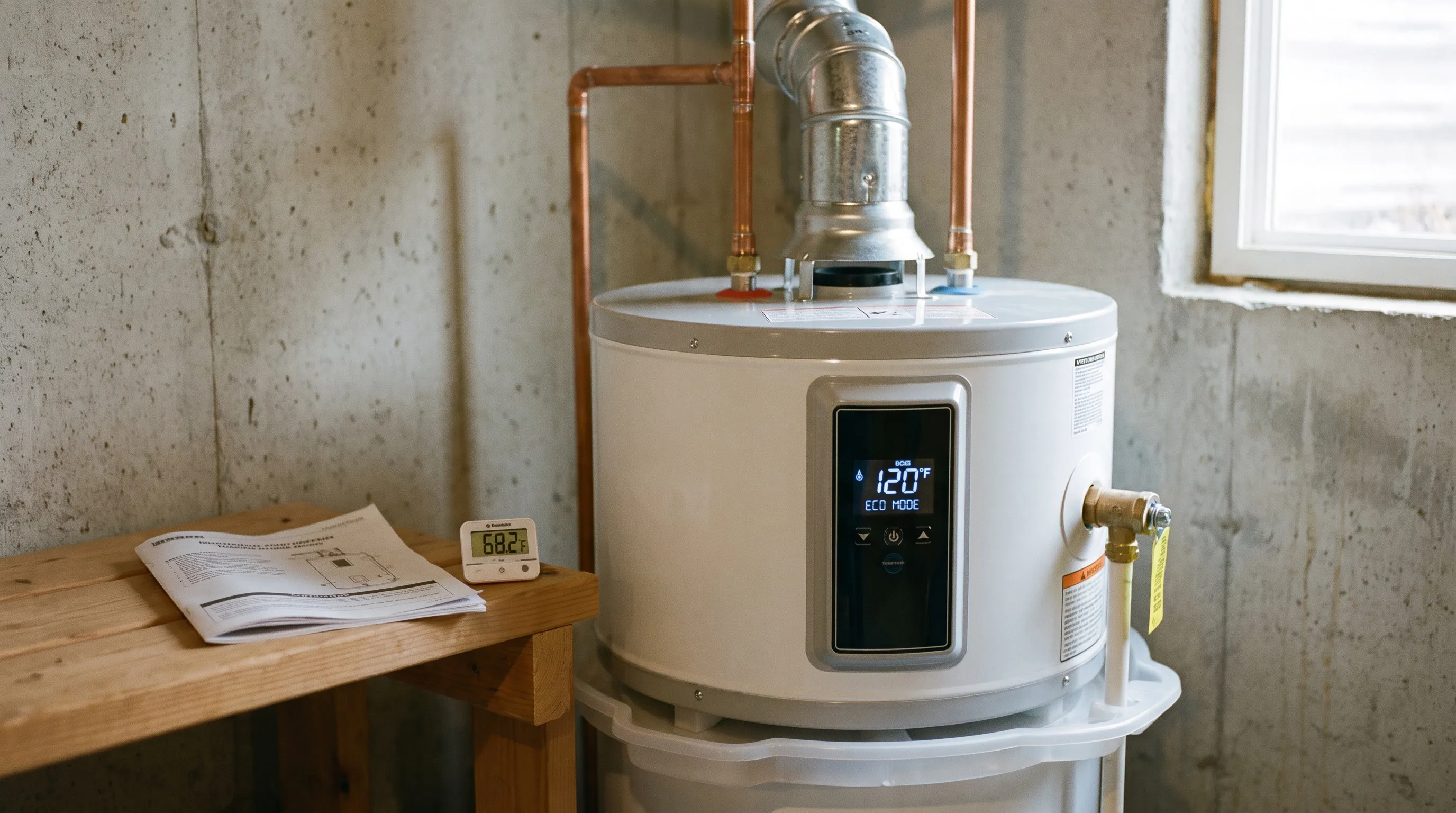 Temperature controls set to 120F on a newly installed water heater, with the manual alongside