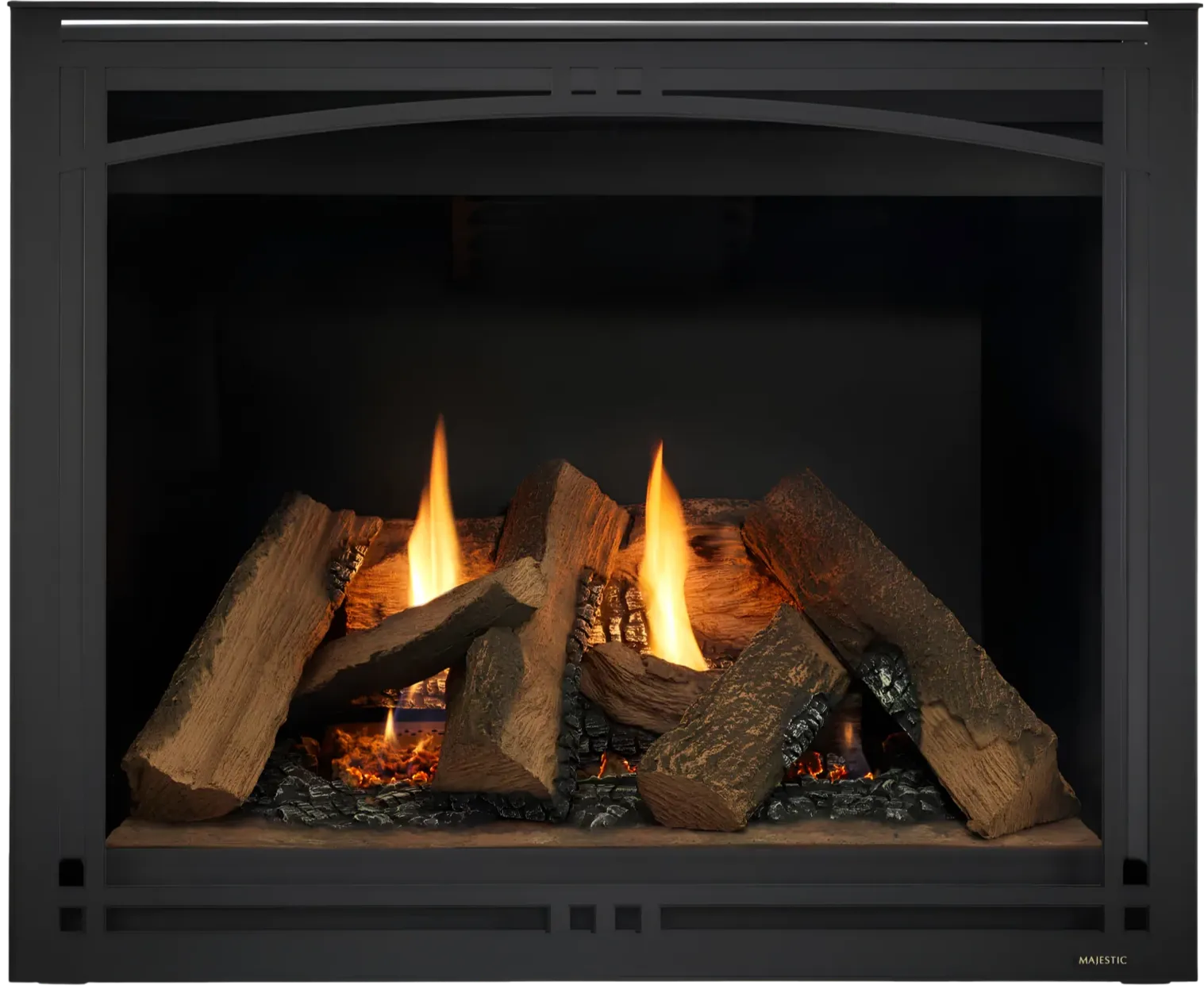  Majestic Meridian 36 gas fireplace with a black front and traditional log display