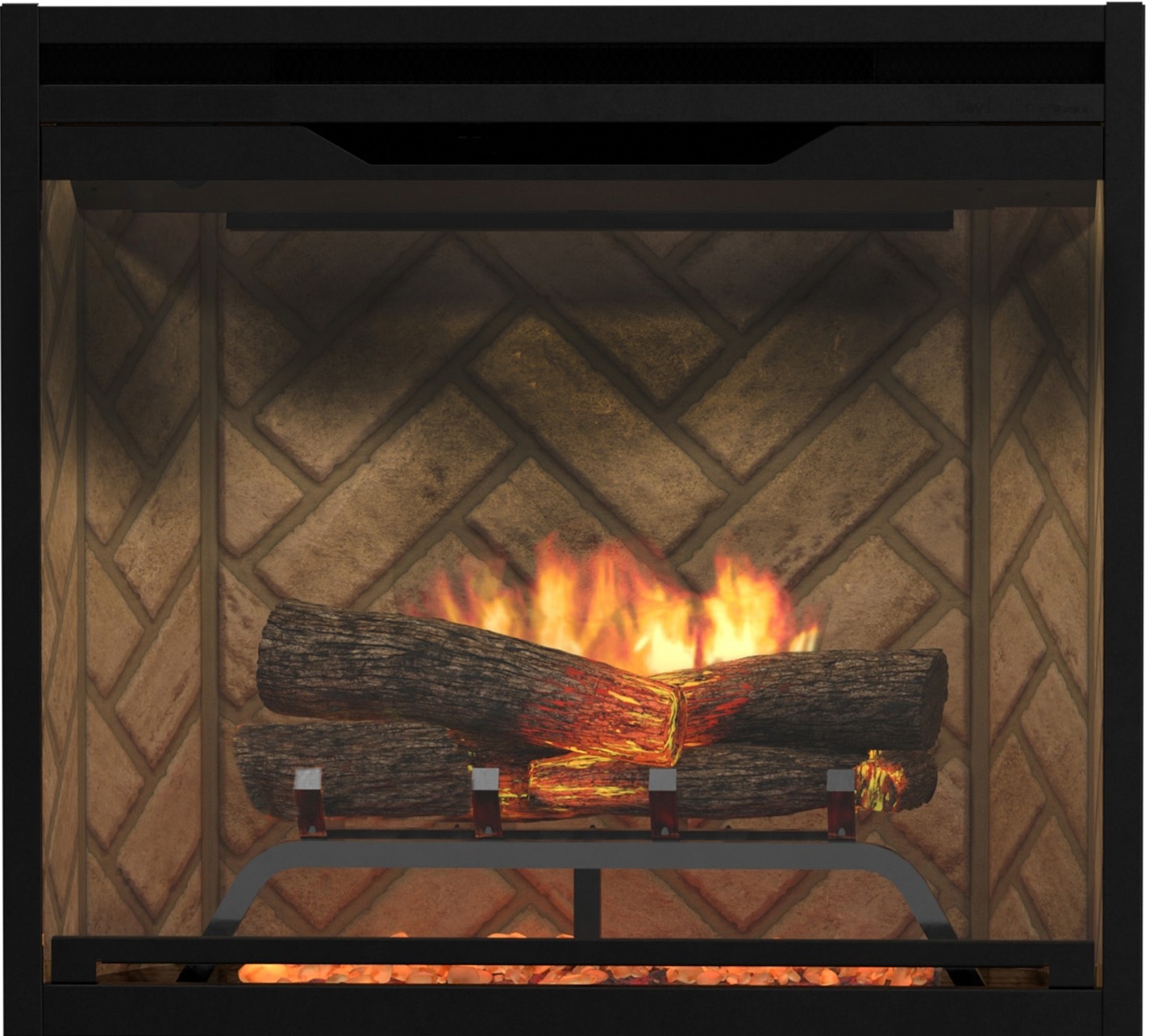 Dimplex Revillusion 24 electric firebox with a herringbone brick interior and glowing logs.