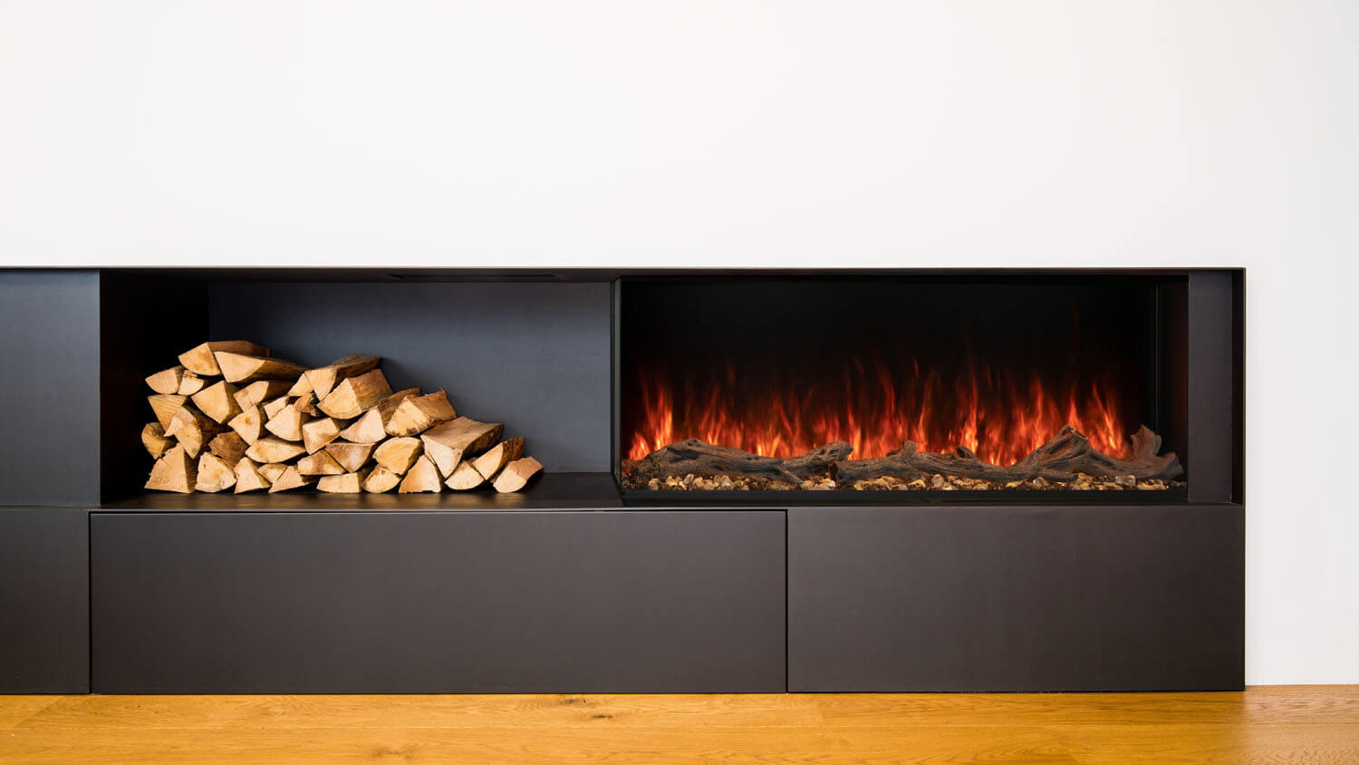 Modern Flames Landscape Pro Multi 56 electric fireplace recessed into a dark cabinet wall.