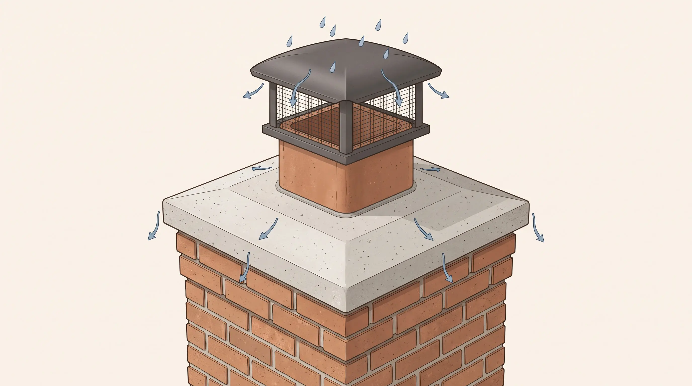 Diagram of a chimney rain cap, clay flue and concrete crown with arrows showing rainwater runoff.