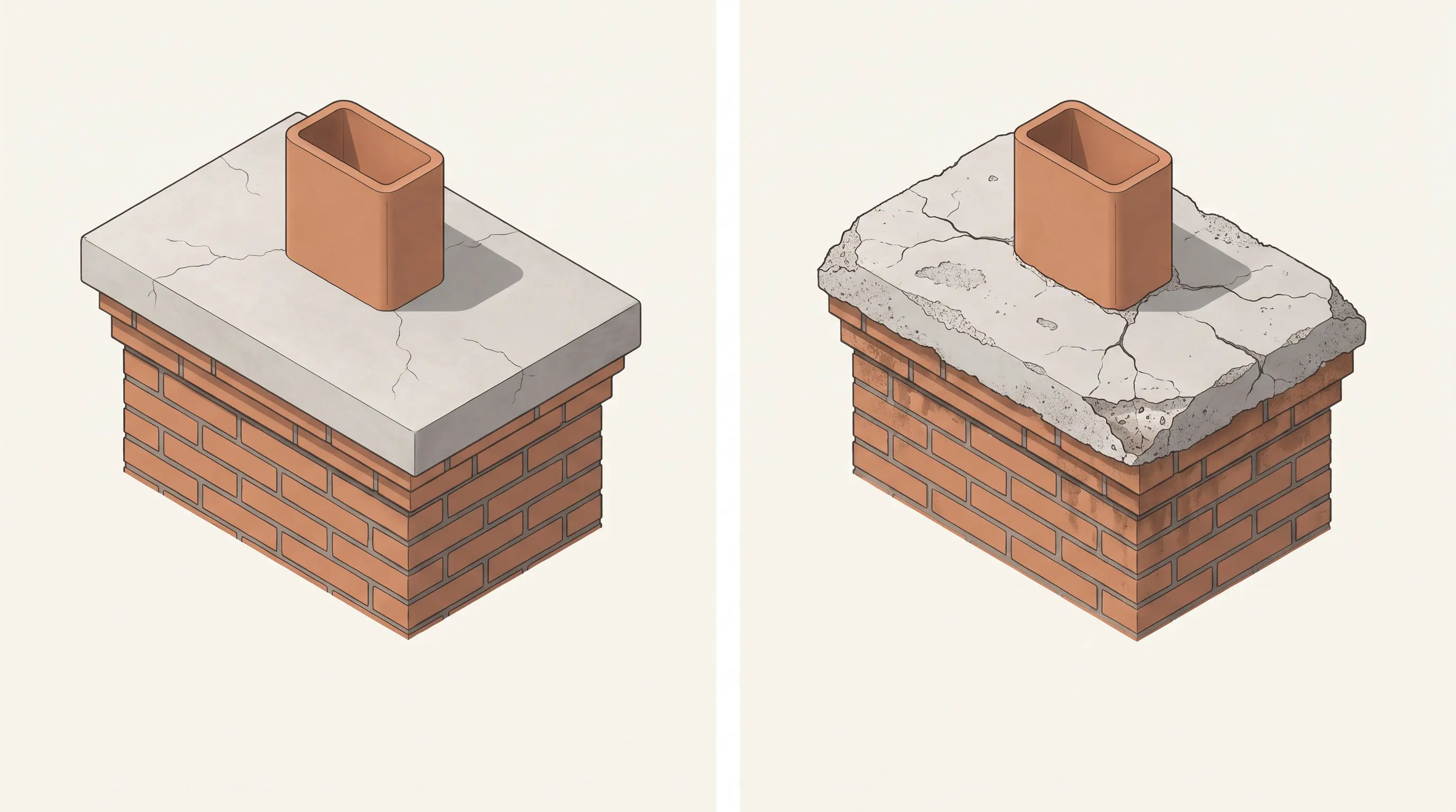 Side-by-side illustrations comparing chimney crowns with different levels of cracking and edge damage.