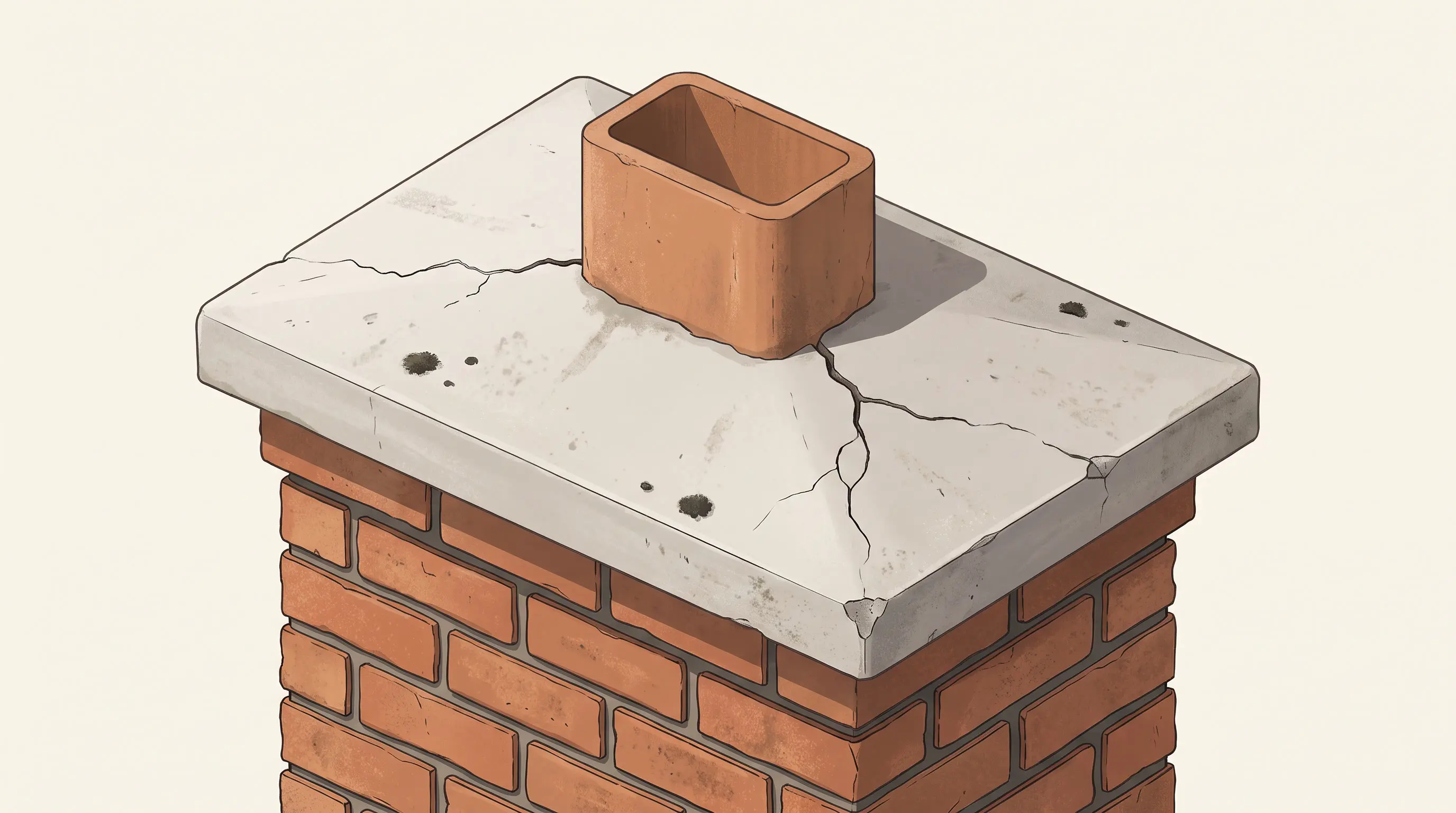 Close-up illustration of a cracked concrete chimney crown around a terracotta clay flue.