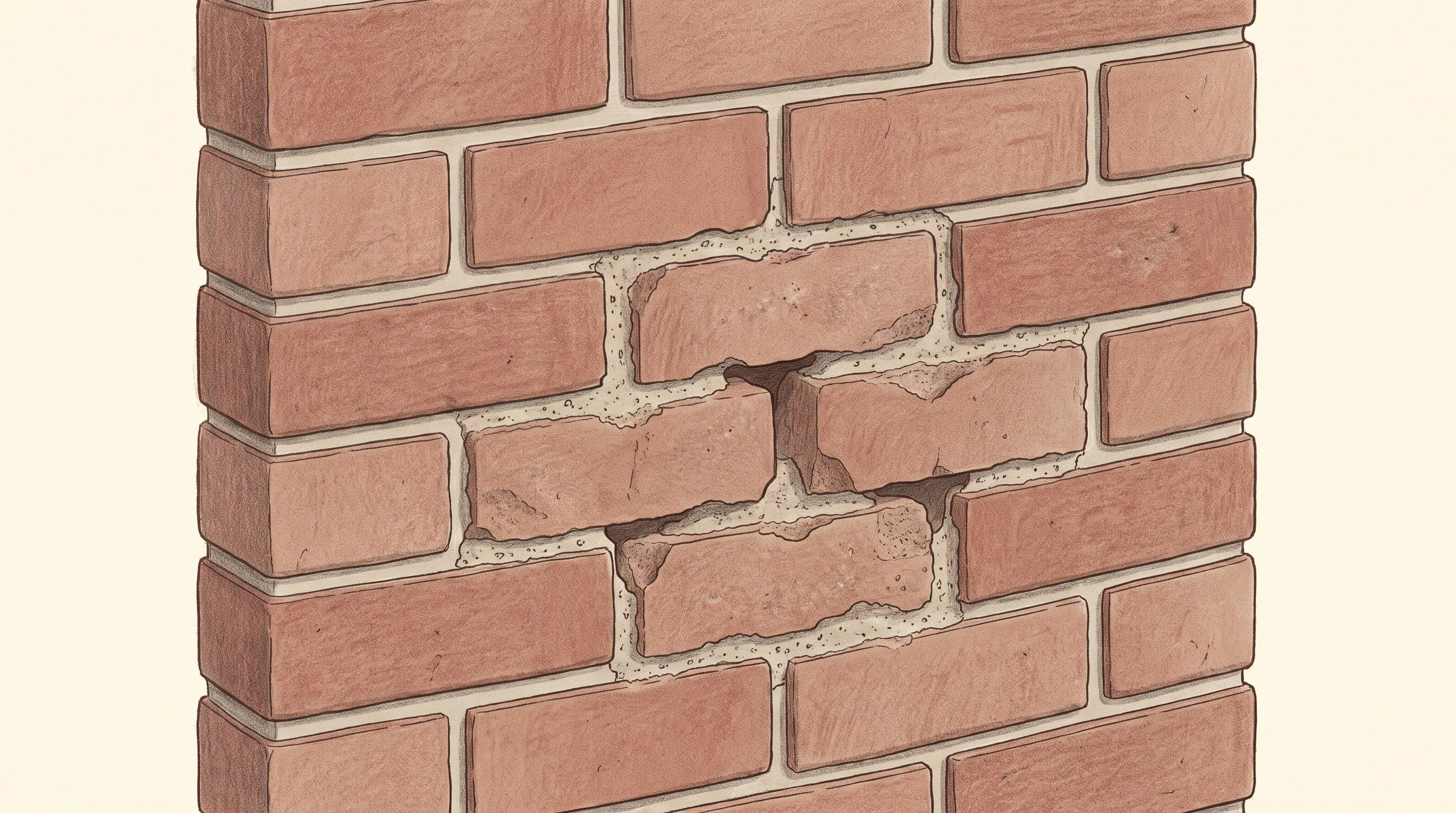 Close-up illustration of cracked chimney bricks and missing mortar around a horizontal joint.