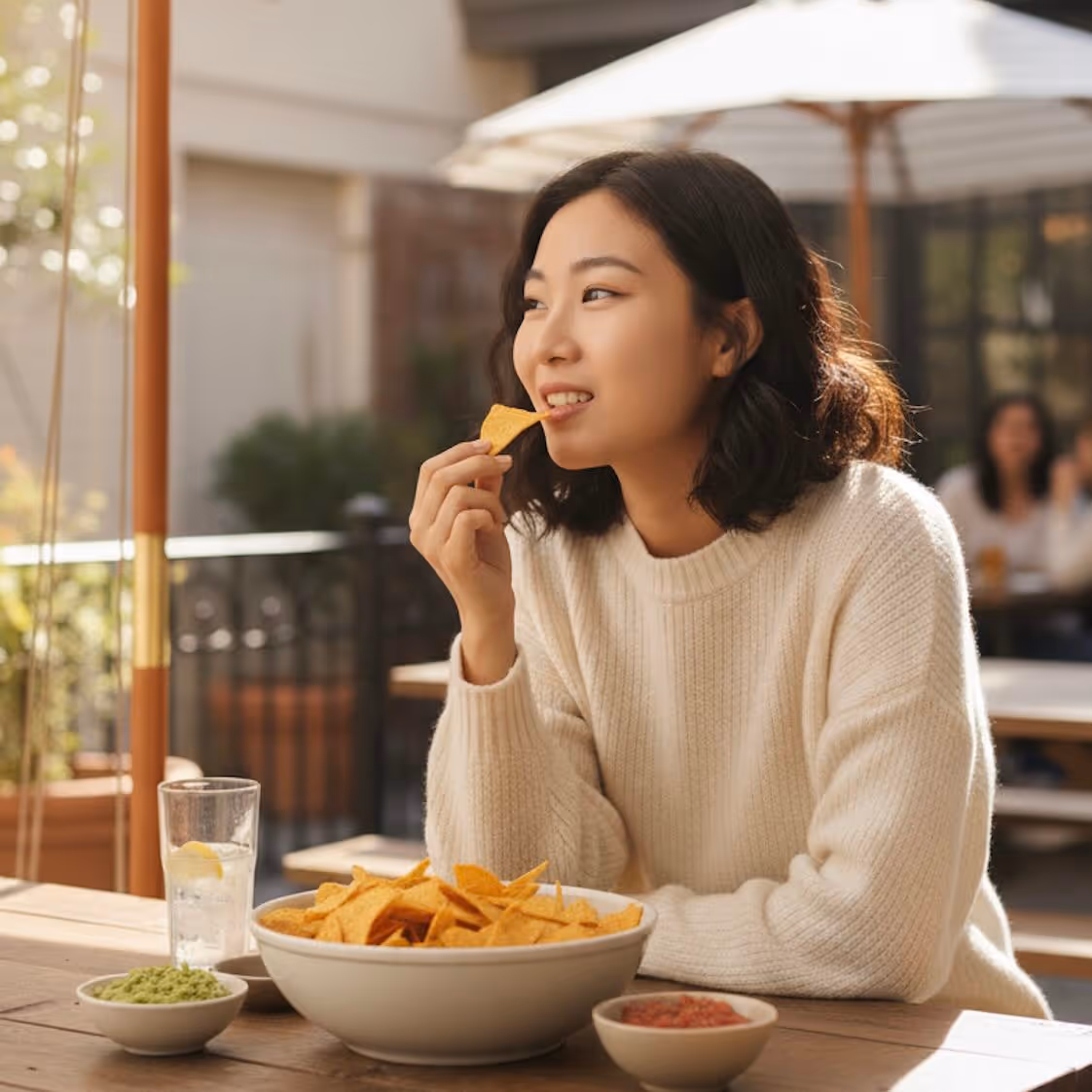 A smiling young Asian woman with short, dark hair, wearing a white sweater, sits at an outdoor wooden table eating a tortilla chip from a large bowl of siete grain-free chips. On the table are three bowls: one with the chips, a small bowl of guacamole, and a small bowl of salsa, along with a tall glass of water with a lemon slice. The setting is a sunny outdoor patio with a white umbrella blurred in the background.