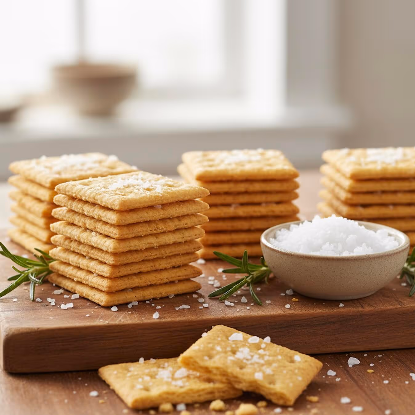 Three short stacks of square, golden-brown Nufs sea salt crackers are arranged on a wooden cutting board, with two loose crackers in the foreground. Large flakes of sea salt are scattered across the crackers and the board. A small, beige ceramic bowl of coarse sea salt sits on the right, and sprigs of fresh rosemary are tucked around the stacks. A brightly lit, blurred window and kitchen background is visible behind the crackers.