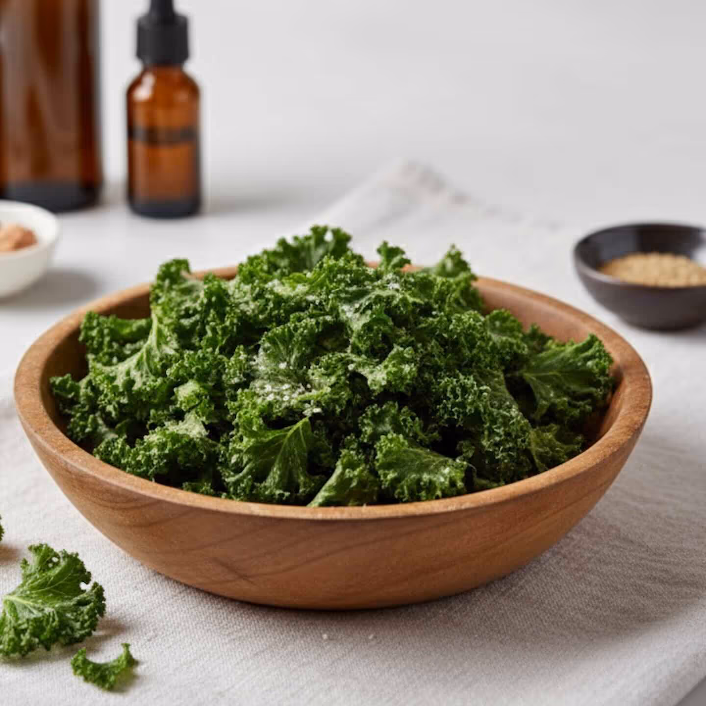A light wooden bowl overflowing with vibrant green, Rhythm Superfoods Kale Chips sits on a neutral-colored linen cloth. A few loose kale chips and scattered salt are visible in the foreground. The blurred background shows a white surface with two small brown apothecary-style dropper bottles and a small dish of seeds.