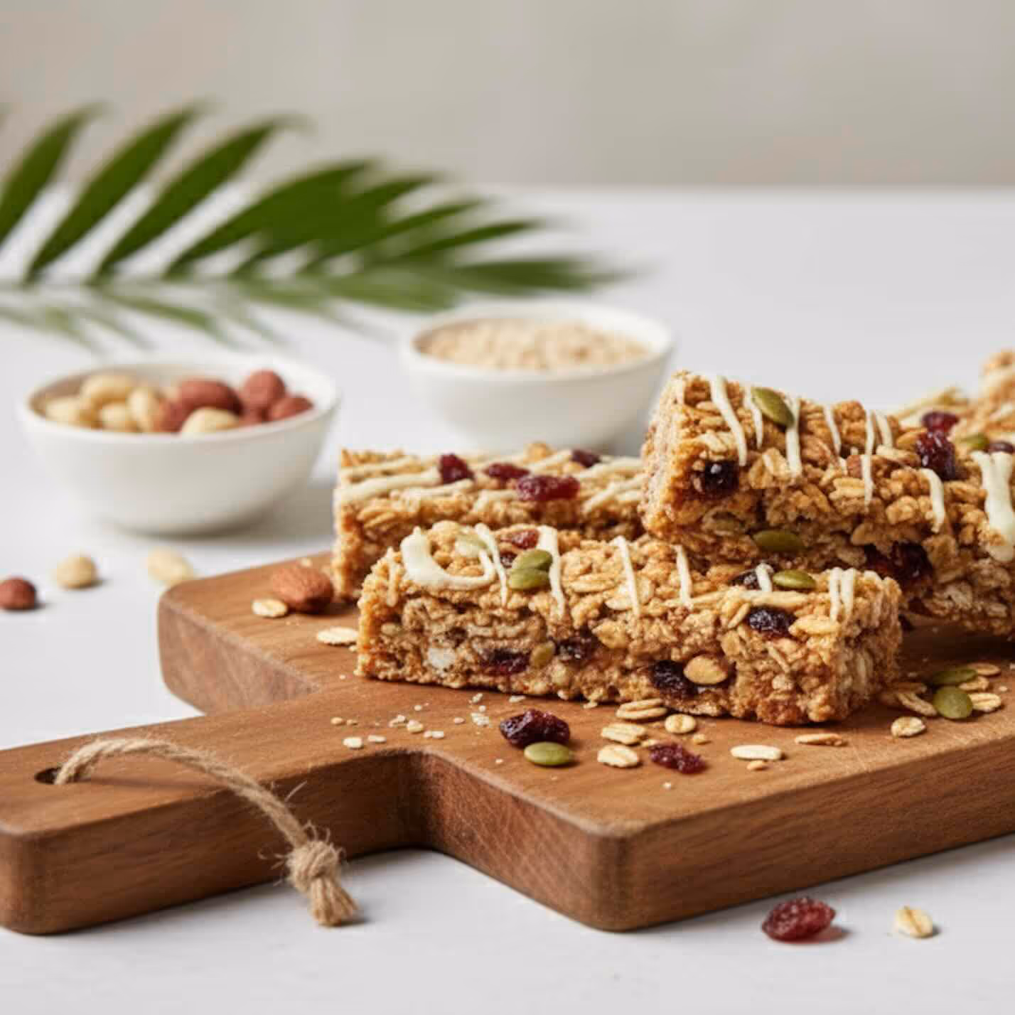 Three stacked that’s it fruit bars with nuts, seeds, and dried cranberries, drizzled with a white glaze, sit on a small wooden cutting board tied with twine. Oats, dried cranberries, and pumpkin seeds are scattered on the board. The soft-focus background shows two small white bowls holding nuts and a light powder, along with a blurred green palm frond.