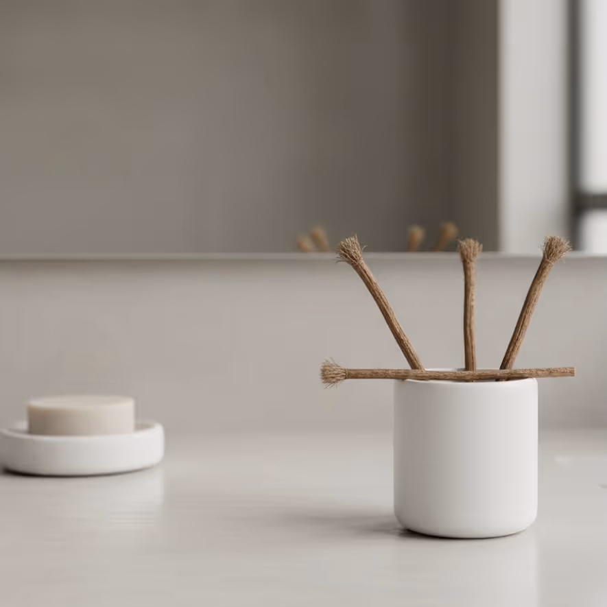 A close-up of a minimalist bathroom counter with a white ceramic holder containing four brown miswak sticks with frayed brush-like ends. To the left, a round white marble dish holds a bar of pale beige soap. The background is a smooth gray wall and a long, horizontal mirror.