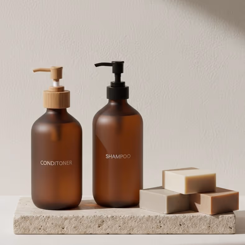 Two matte brown amber glass pump bottles, labeled CONDITIONER and SHAMPOO, sit side-by-side on a light-colored, rough-hewn stone pedestal. The natural conditioner bottle has a bamboo pump, and the shampoo bottle has a black pump. A stack of three rectangular natural bar soaps in white, gray, and brown sits in front of the bottles. The background is a plain, light-colored wall with soft lighting.