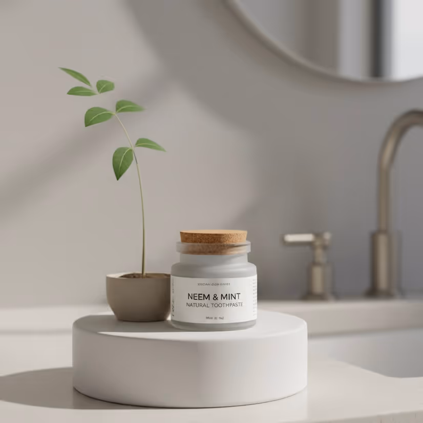 A frosted glass jar of NEEM TOOTHPASTE with a cork lid, sitting on a round white pedestal. A small potted plant with a thin stem and green leaves is next to the jar. The minimalist bathroom background includes a blurred sink faucet and a circular mirror.