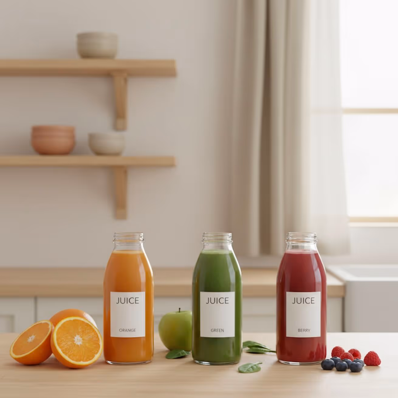 Three glass bottles of natural juices—orange, green, and berry—stand side-by-side on a light wooden kitchen counter. The bottles have white labels with black text: JUICE ORANGE, JUICE GREEN, and JUICE BERRY. An orange is cut in half next to the orange juice, a green apple and spinach leaves are by the green juice, and blueberries and raspberries are by the berry juice. The background shows a bright window with sheer curtains and a wall with two wooden shelves holding neutral-colored bowls.