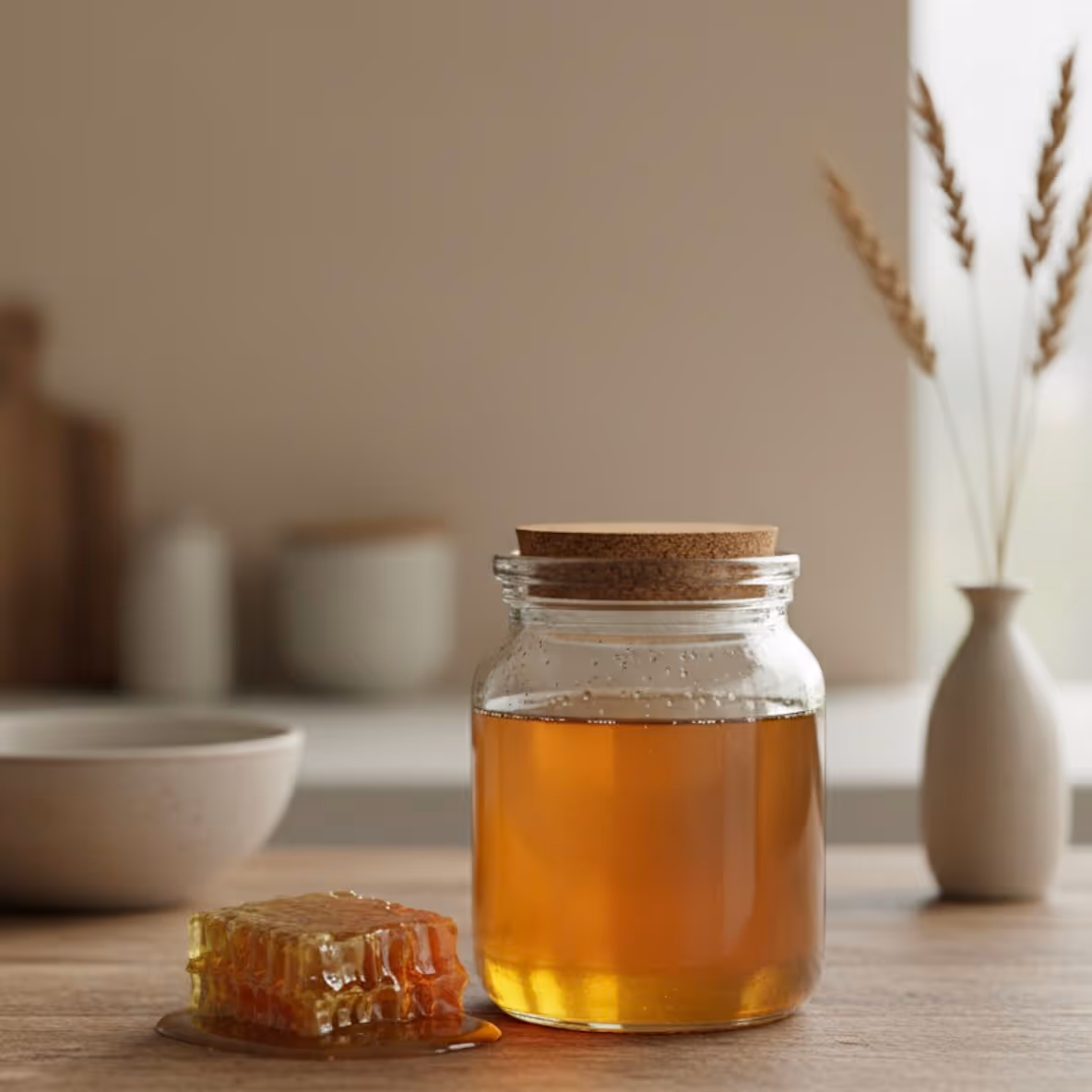A small, wide glass jar filled with rich, shilajit honey and sealed with a cork stopper, sitting on a warm wooden counter. Next to the jar is a small square piece of dark amber honeycomb, glistening with honey that has pooled slightly on the wood. In the soft, blurred background, a small beige vase holds a few stalks of wheat, and other neutral-toned kitchen items are out of focus.